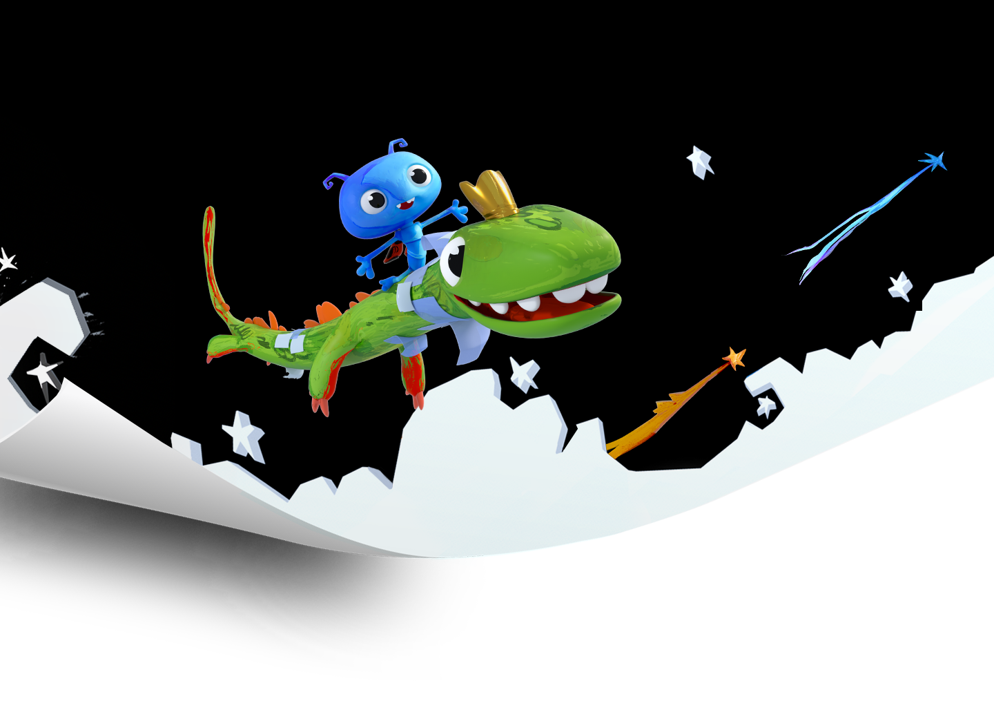 Laya Bug riding a green dragon through a paper-cut night sky